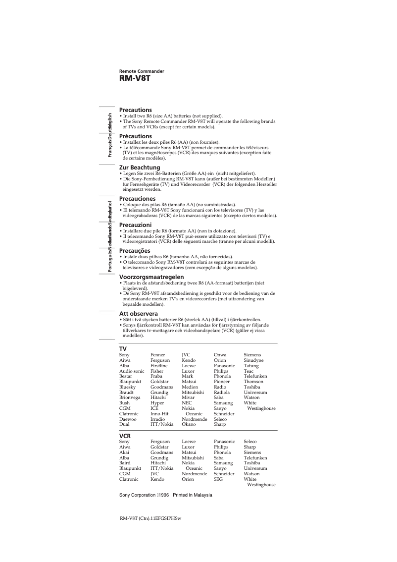 Page 1 de la notice Manuel utilisateur Sony RM-V8T