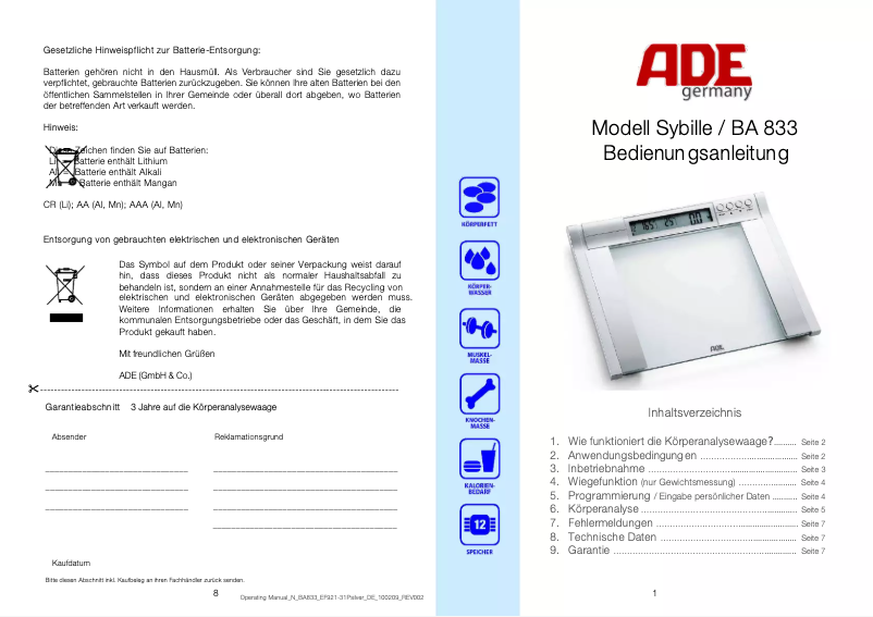 Imagen de la primera página del manual del dispositivo Sybille BA 833