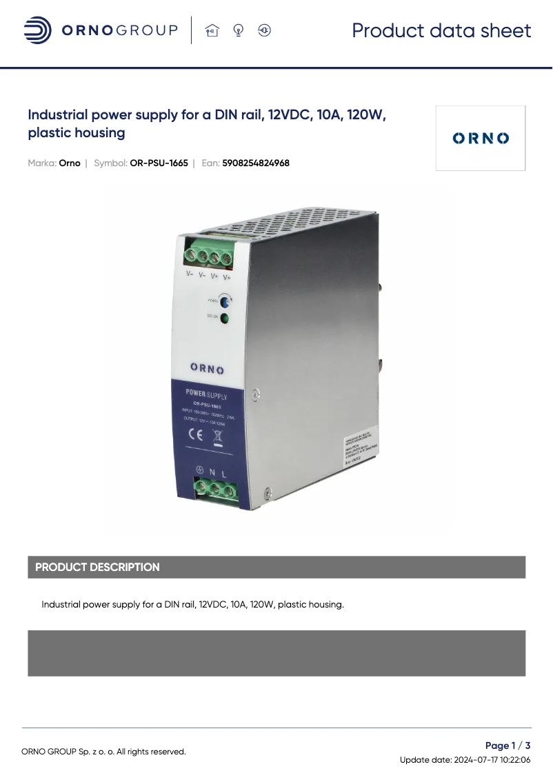 Page 1 de la notice Fiche technique ORNO OR-PSU-1665
