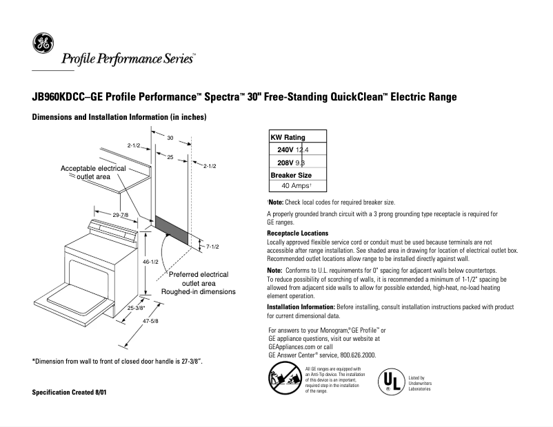 First page image of the manual for Profile Spectra JB960KDCC