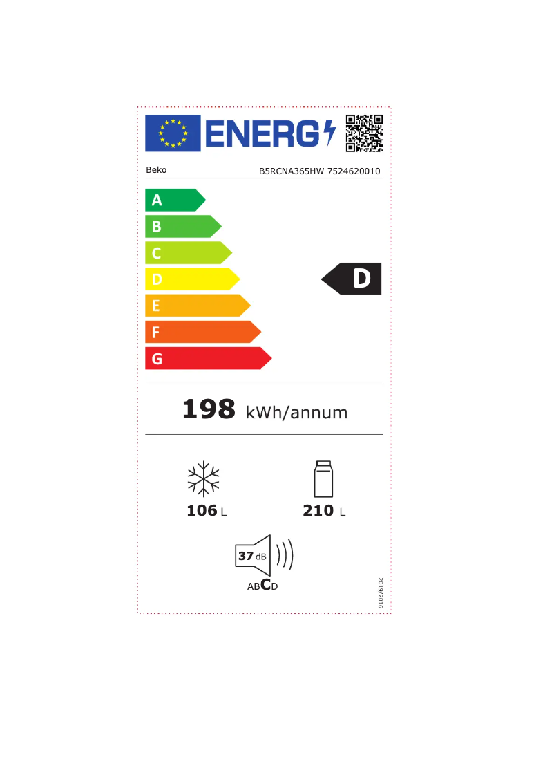 Page 1 de la notice Label énergétique Beko B5RCNA365HW