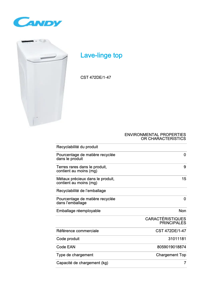Page 1 de la notice Fiche technique Candy CST 472DE/1-47