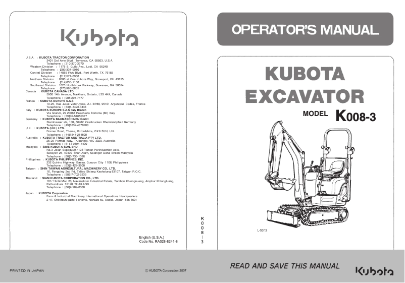 Page n°1 - Manuel utilisateur Kubota K008-3