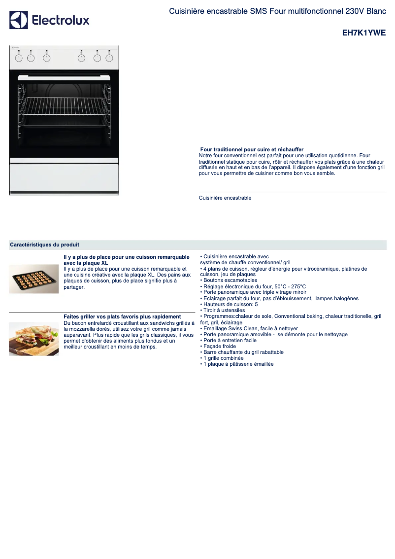 Page 1 de la notice Fiche technique Electrolux EH7K1YWE