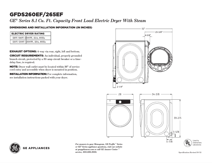 Page 1 of the manual Technical Sheet GE GFDS265EFMC