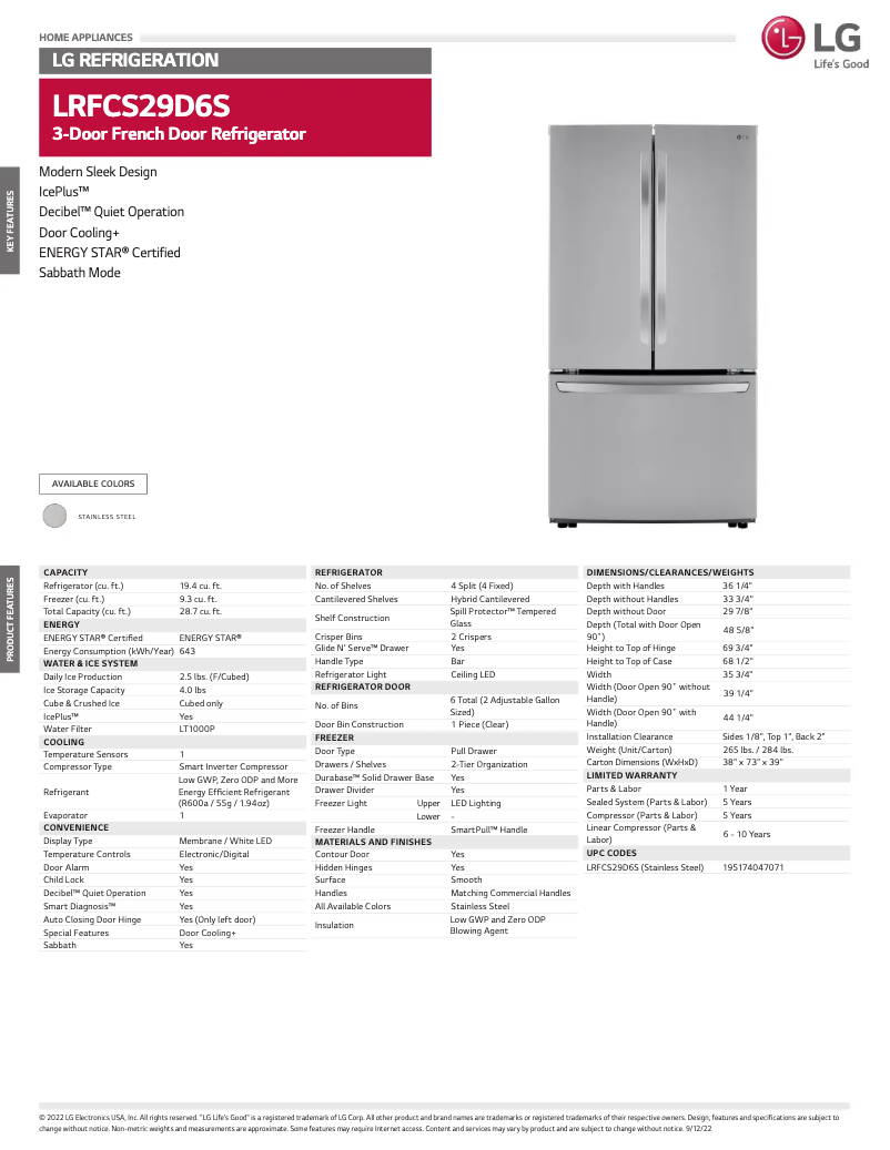 Page 1 de la notice Fiche technique LG LRFCS29D6S