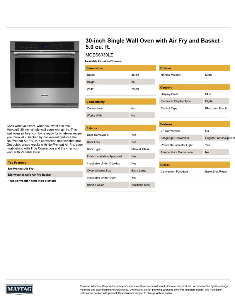Page 1 de la notice Fiche technique Maytag MOES6030LZ