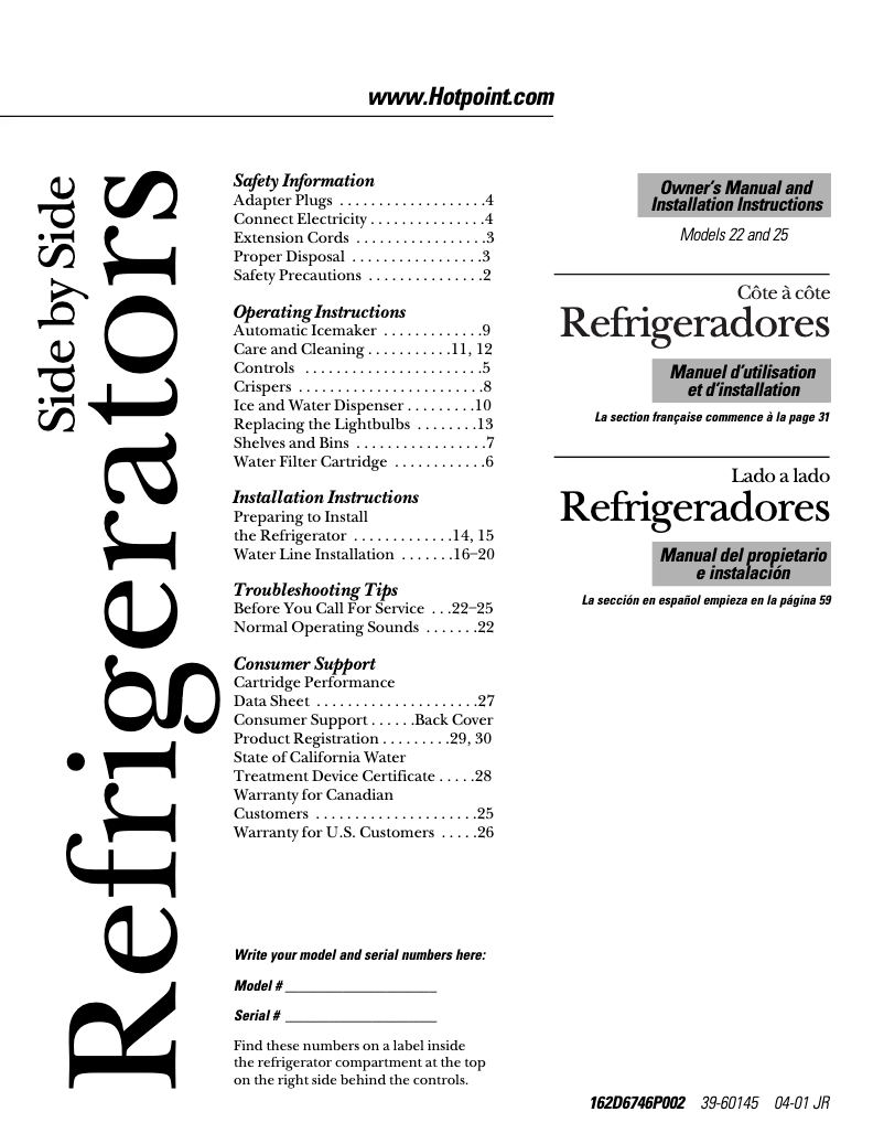 Page 1 de la notice Manuel d'utilisation et d'entretien Hotpoint HSS25IFMWW