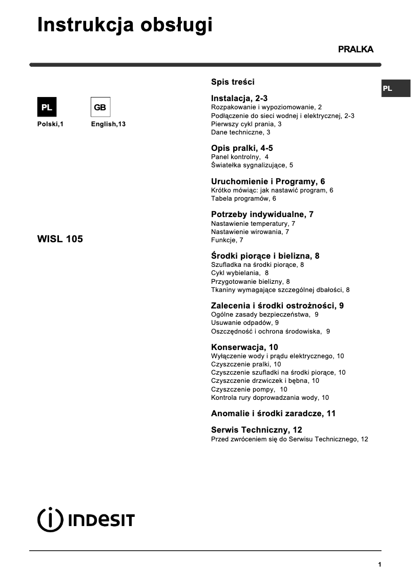 Página 1 del manual Manual de usuario Indesit WISL 105 (PL)