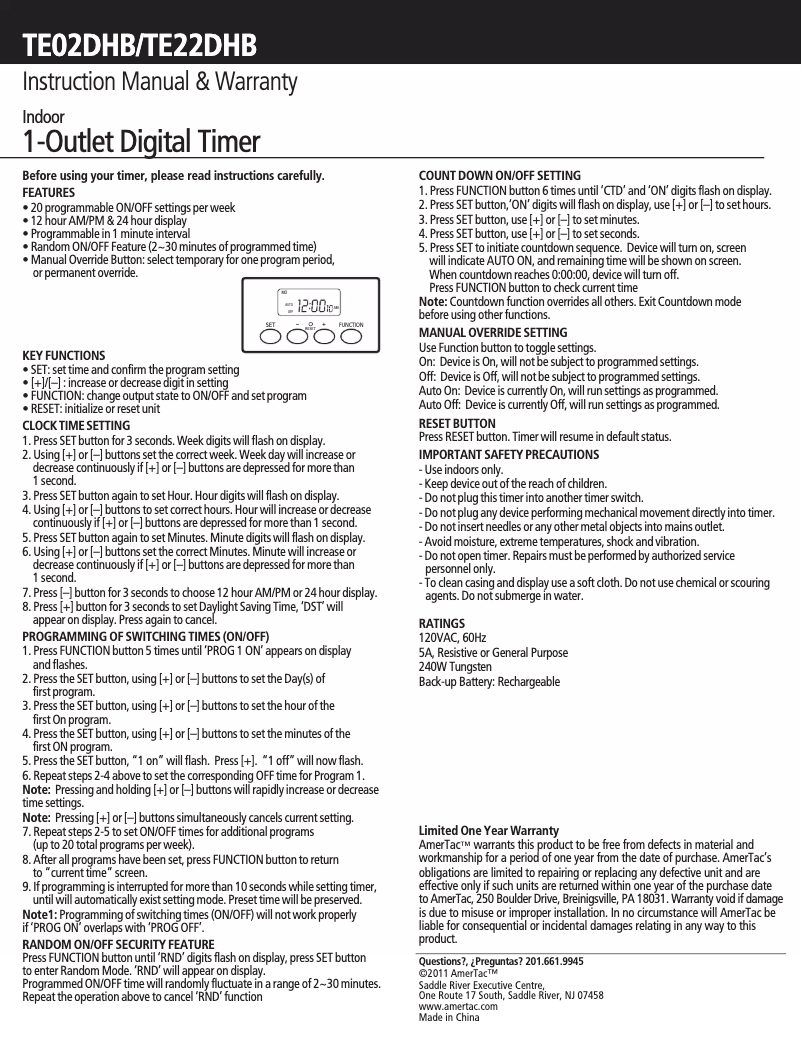 Page n°1 - Manuel utilisateur AmerTac TE22DHB