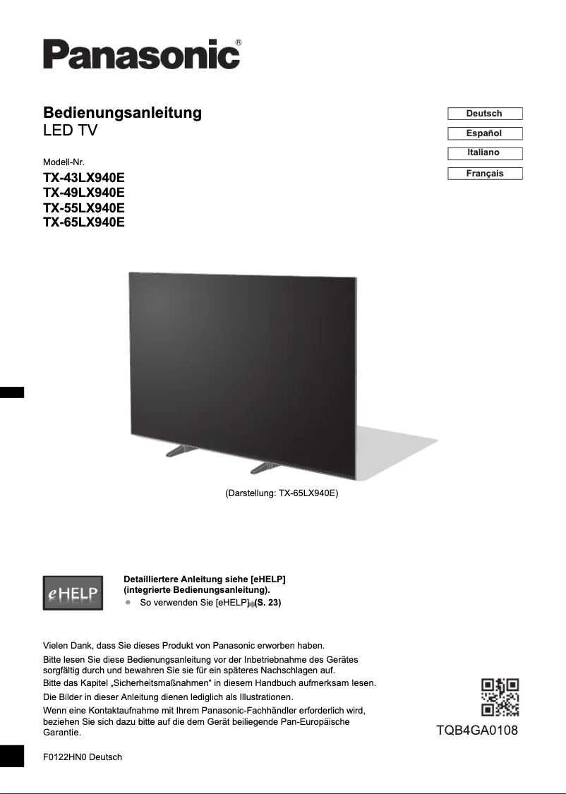 Page 1 de la notice Manuel utilisateur Panasonic TX-55LX940E