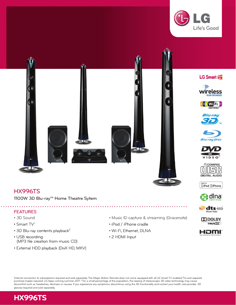 Page 1 de la notice Fiche technique LG HX996TS