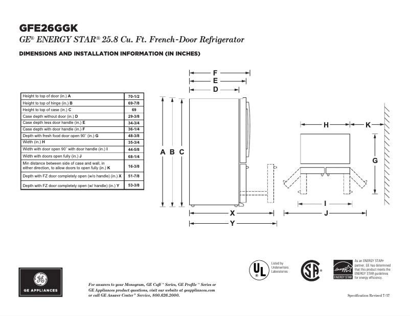 Page 1 de la notice Fiche technique GE GFE26GGKWW