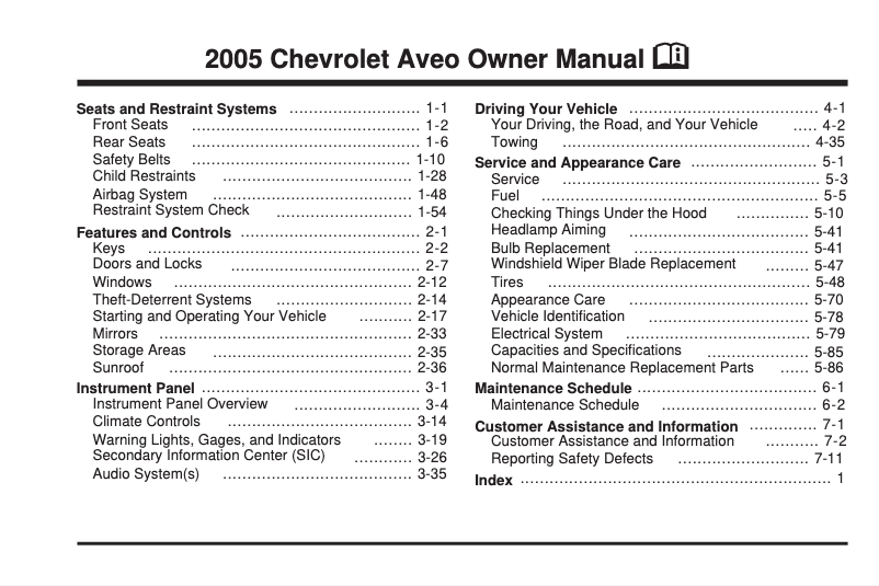 Image de la première page du manuel de l'appareil Aveo (2005)