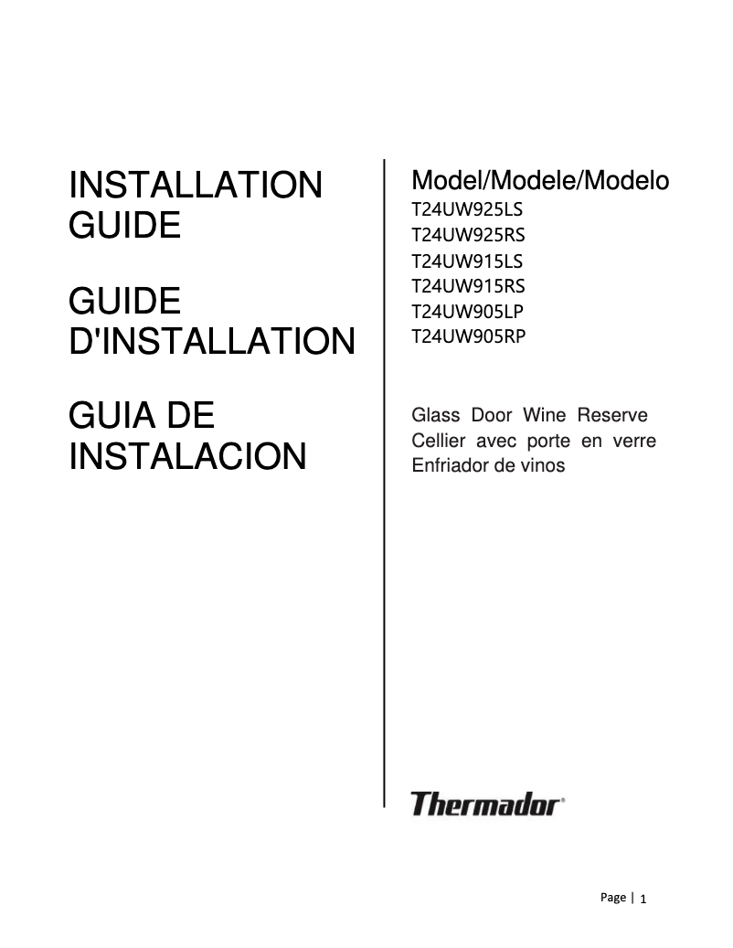 Page 1 de la notice Guide d'installation Thermador T24UW905RP