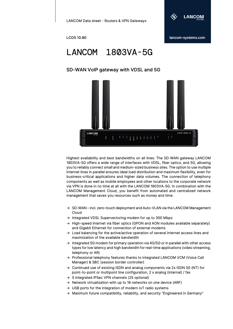 Page n°1 - Fiche technique Lancom 1803VA-5G