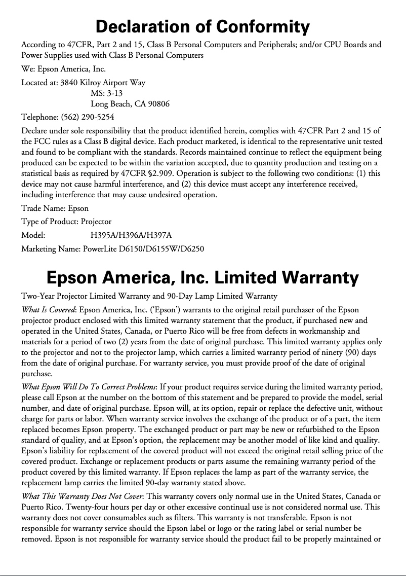 Image de la première page du manuel de l'appareil PowerLite D6155W