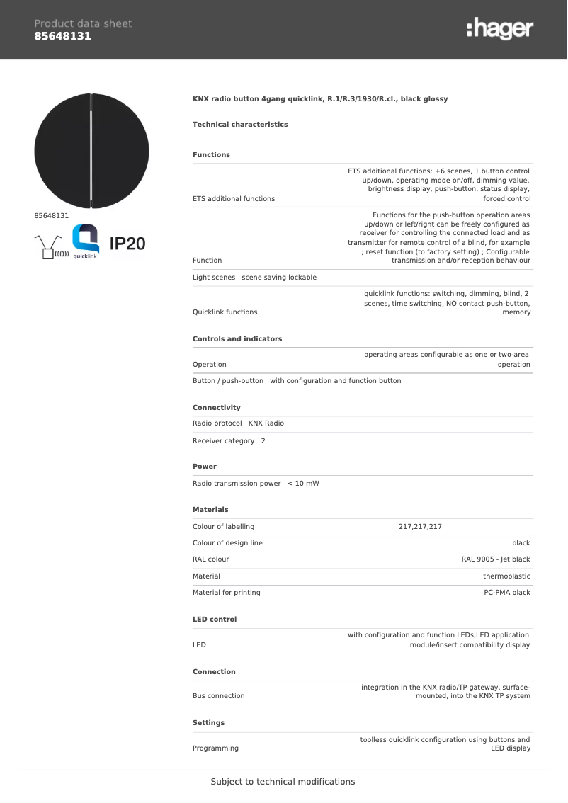 Page n°1 - Fiche technique Hager 85648131