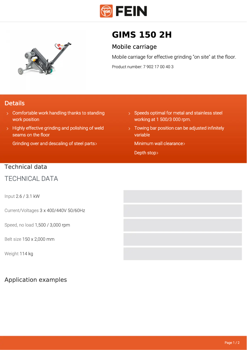Page n°1 - Fiche technique Fein GIMS 150 2H
