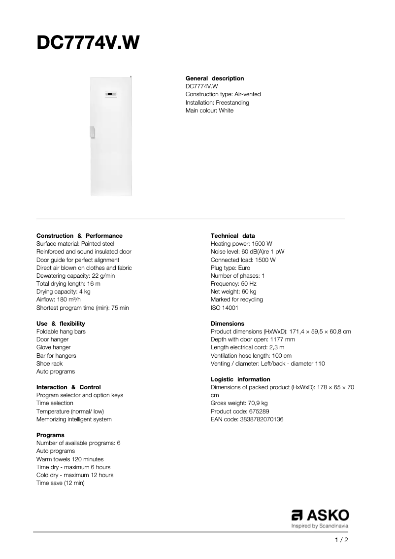 Page n°1 - Fiche technique Asko DC7774V.W