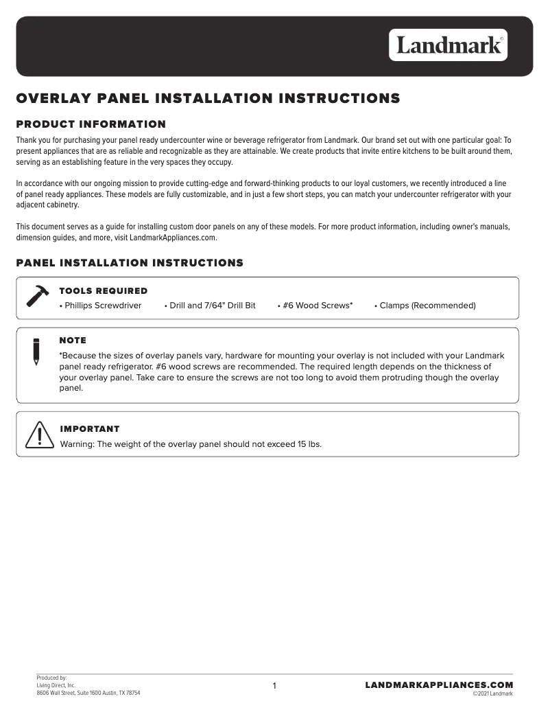 Page n°1 - Guide d'installation Landmark L3015UI1WPR-RH