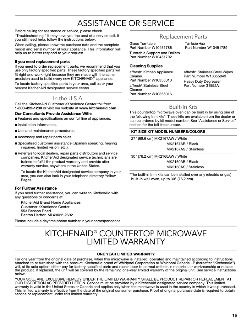 Page n°1 - Informations de garantie KitchenAid Architect KCMS1655BBL