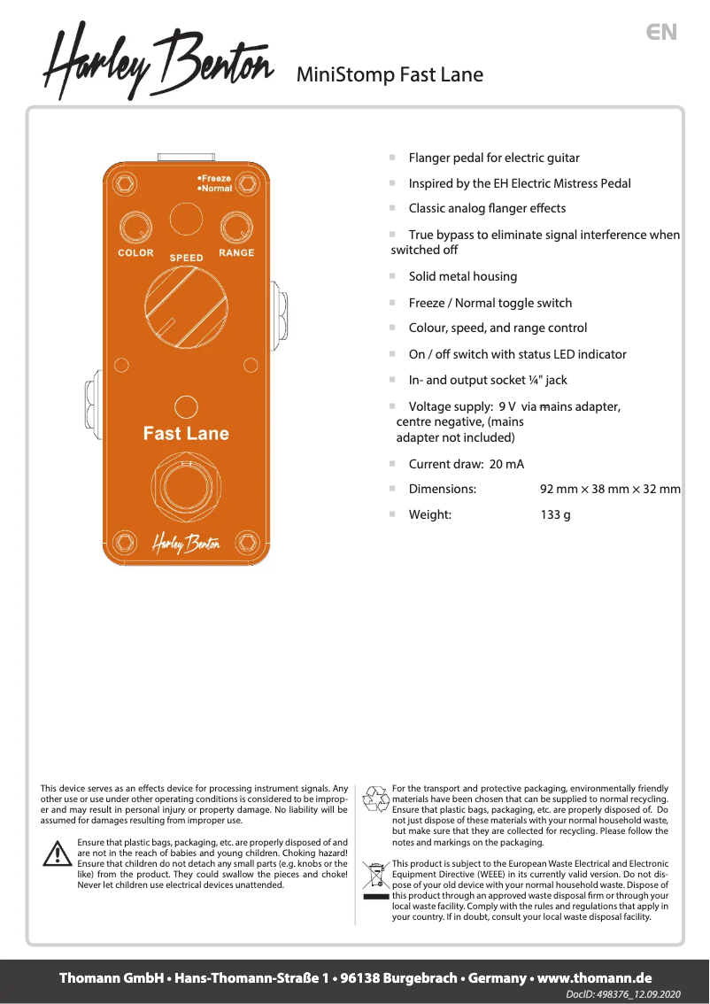 Page 1 de la notice Manuel utilisateur Harley Benton MiniStomp Fast Lane
