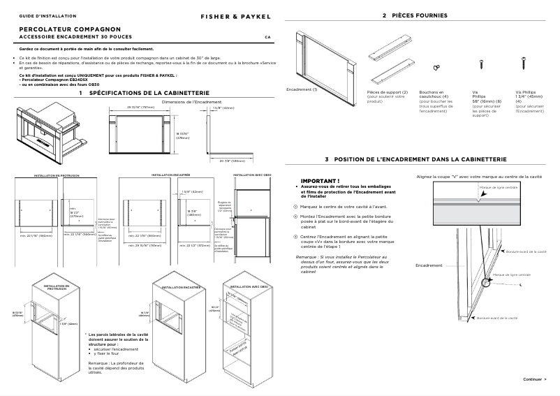 Page 1 de la notice Guide d'installation Fisher & Paykel TK30NDBB1