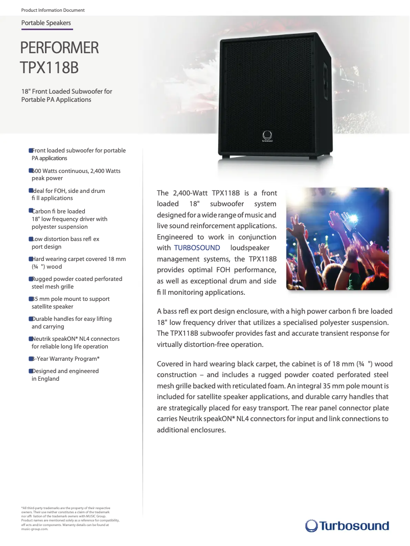 Page n°1 - Fiche technique Turbosound Performer TPX118B