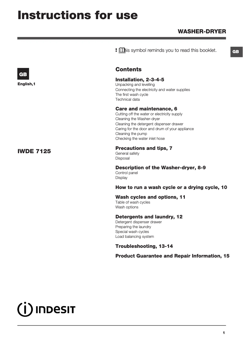 Página 1 del manual Instrucciones / montaje Indesit IWDE 7125 B (UK)