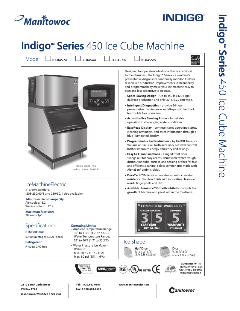 Page 1 de la notice Fiche technique Manitowoc ID-0452A