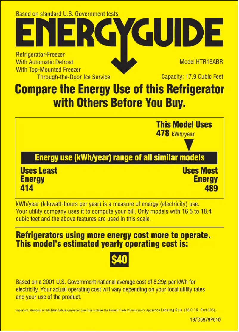 Page 1 de la notice Label énergétique Hotpoint HTR18ABRWW