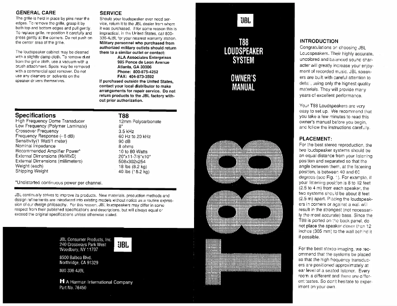 Page 1 of the manual User Manual JBL T88