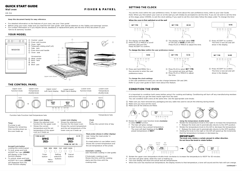Page 1 de la notice Guide de démarrage rapide Fisher & Paykel WODV2-30_N