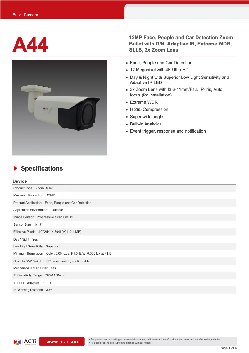 Page n°1 - Fiche technique ACTi A44