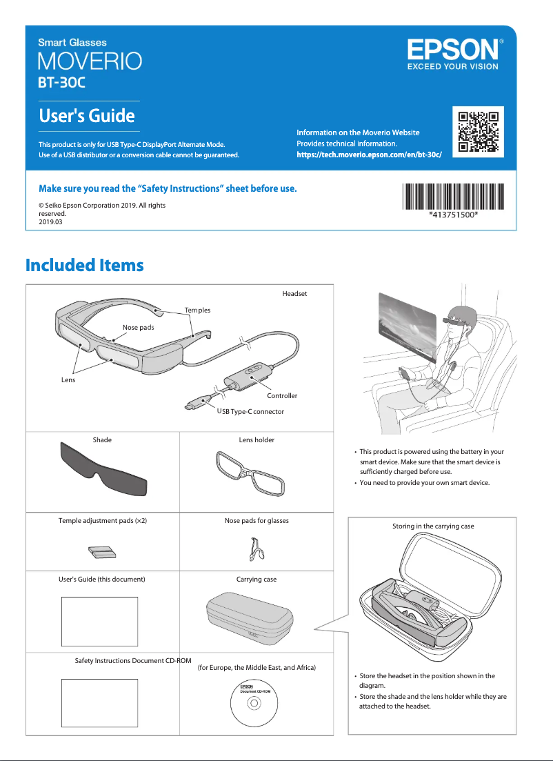 Page 1 de la notice Manuel utilisateur Epson Moverio BT-30C