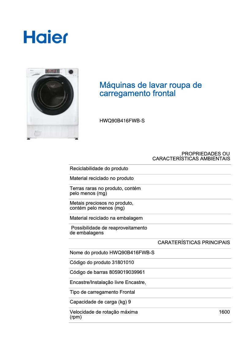Page 1 de la notice Label énergétique Haier HWQ90B416FWB