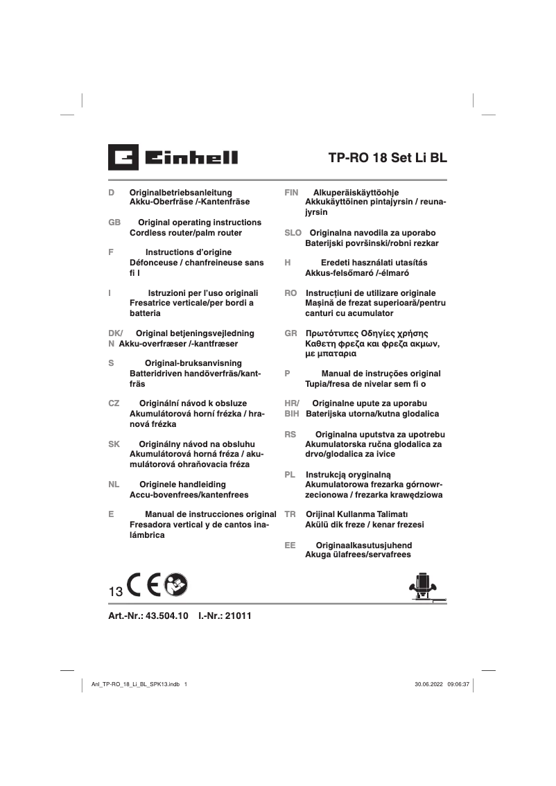 Page 1 de la notice Manuel utilisateur Einhell TP-RO 18 Set Li BL