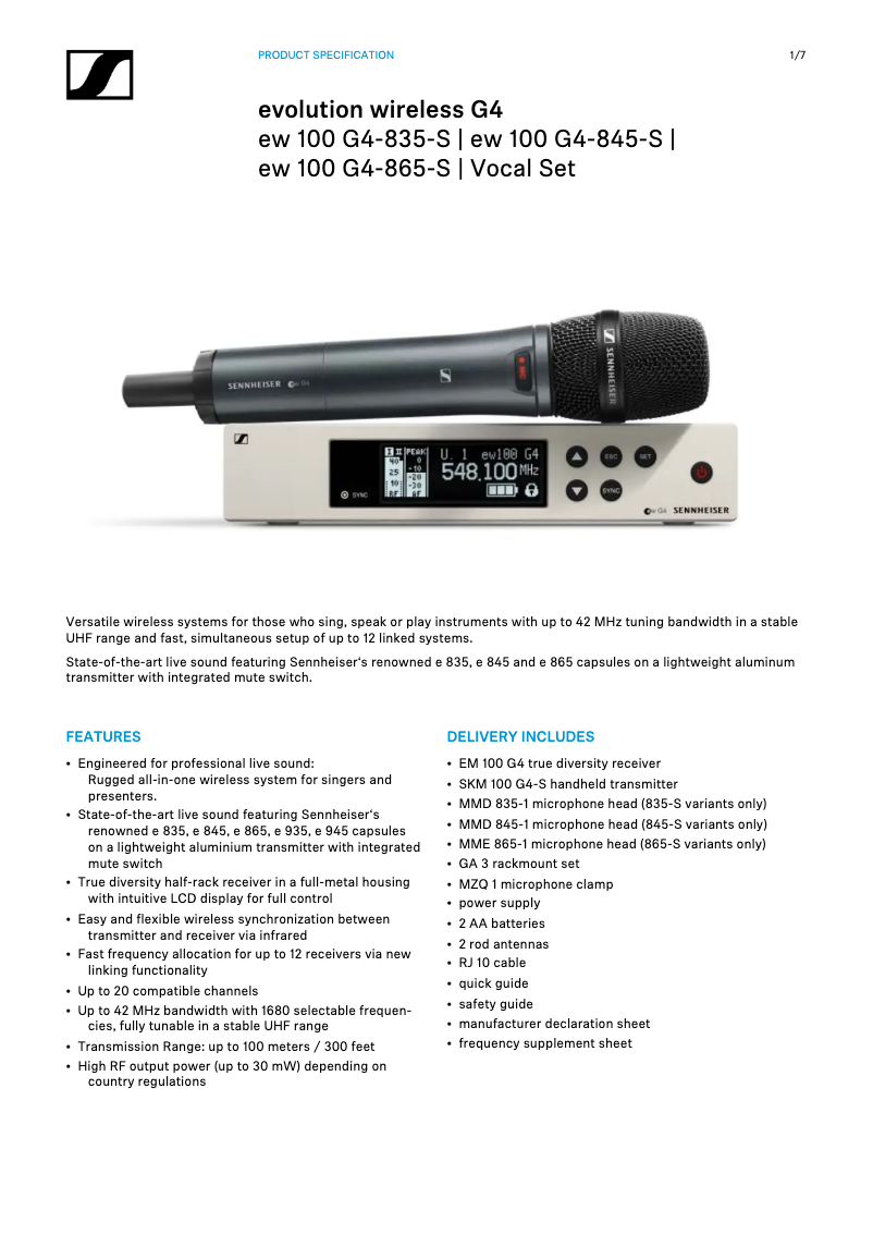 Page 1 de la notice Fiche technique Sennheiser ew 100 G4-835-S