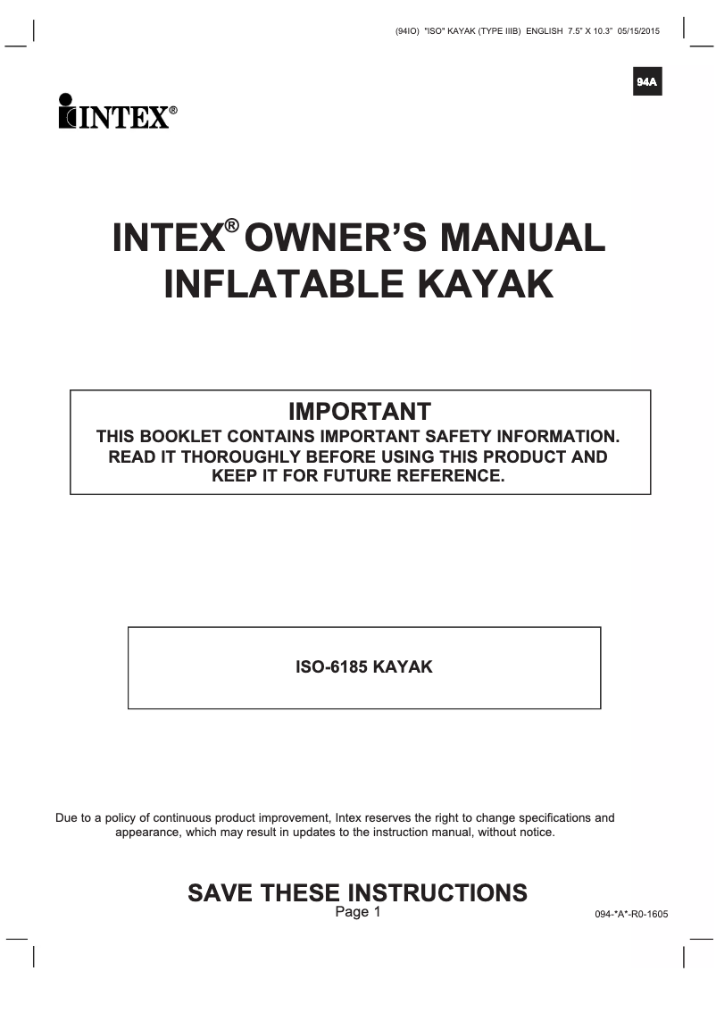 Page 1 de la notice Manuel utilisateur Intex Challenger K1