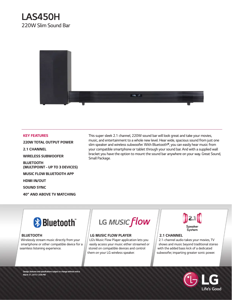 Page 1 de la notice Fiche technique LG LAS450H