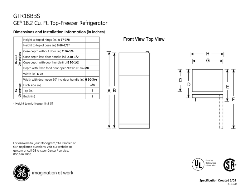 Page 1 de la notice Fiche technique GE GTR18BBSWW