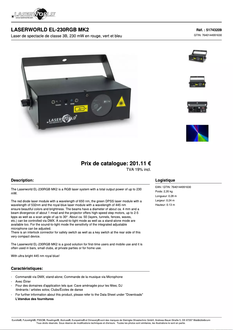 Page n°1 - Fiche technique Laserworld EL-230RGB MK2