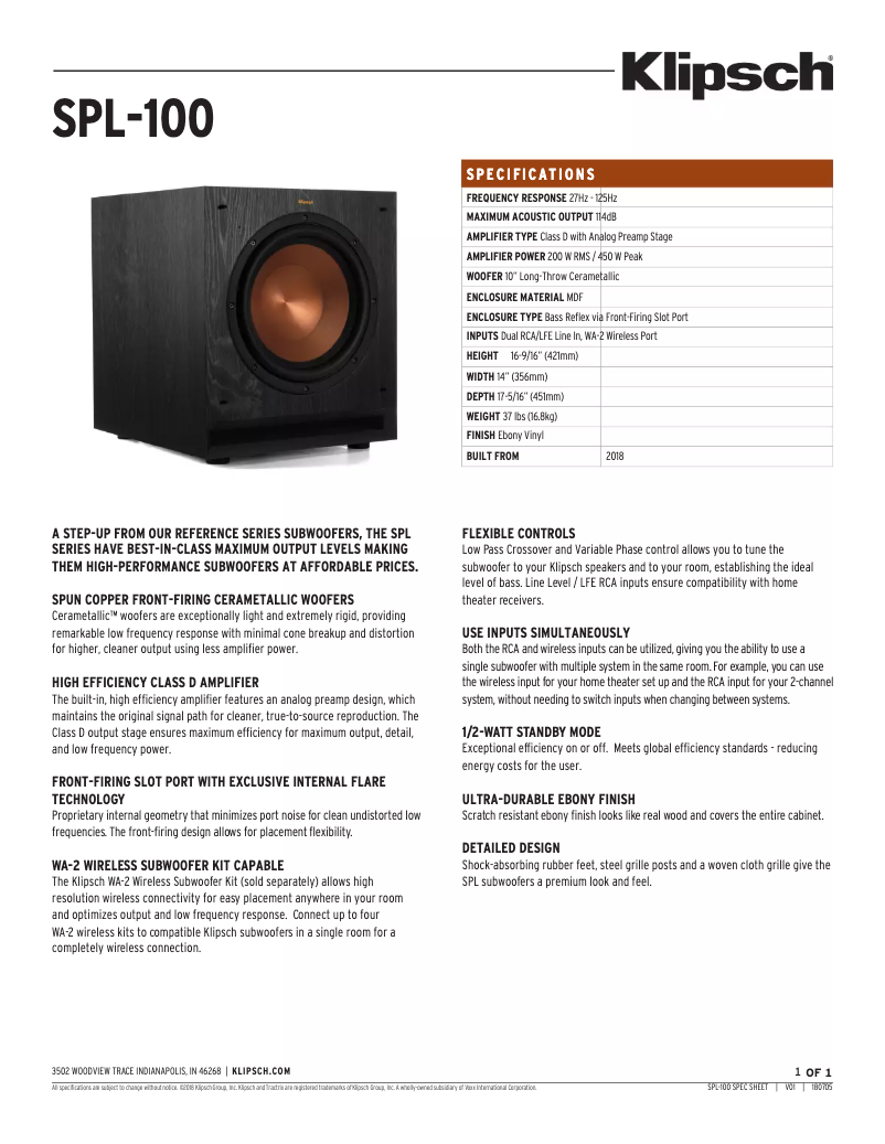 Page 1 de la notice Fiche technique Klipsch SPL-100
