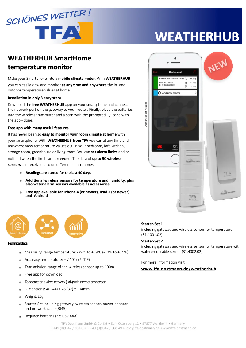 Page 1 de la notice Fiche technique TFA WeatherHub 31.4001.02