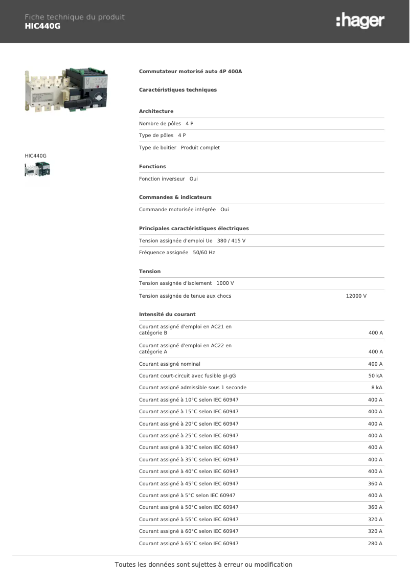 Page n°1 - Fiche technique Hager HIC440G