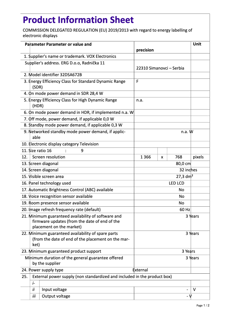Page 1 de la notice Manuel utilisateur VOX 32DSA672B