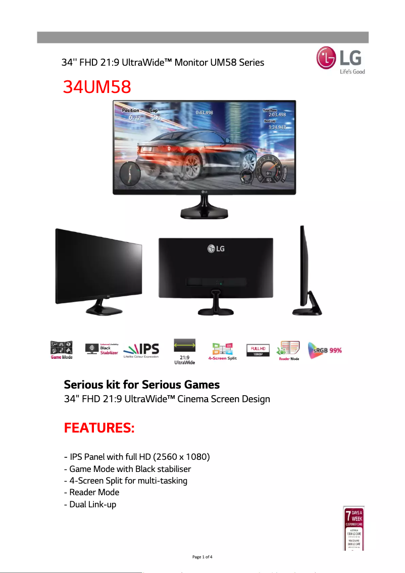 Page 1 de la notice Fiche technique LG 34UM58-P