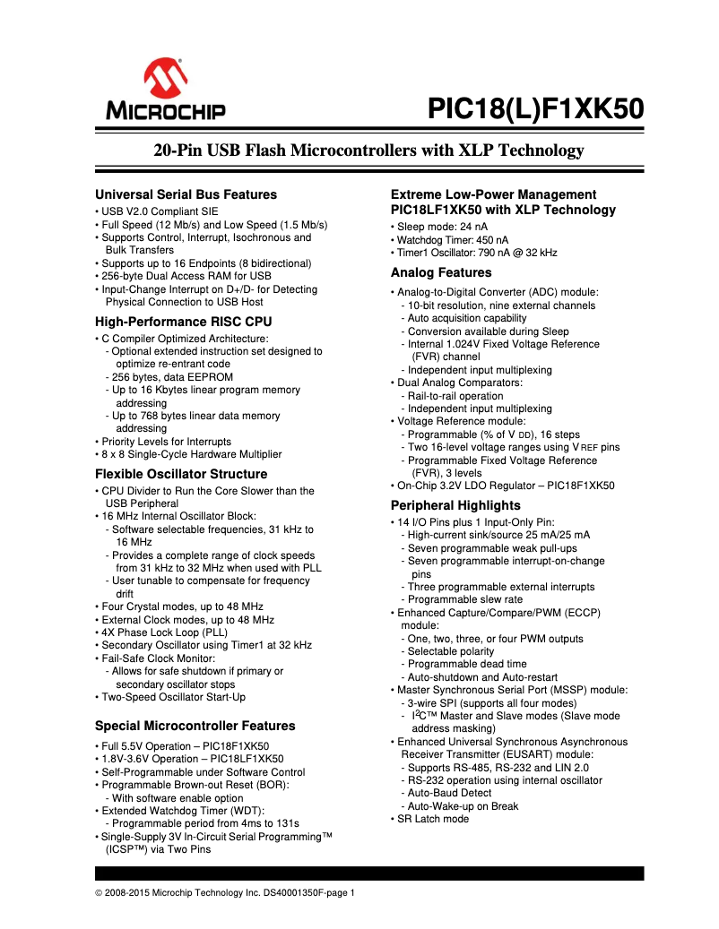 Page 1 de la notice Fiche technique Microchip PIC18F14K50