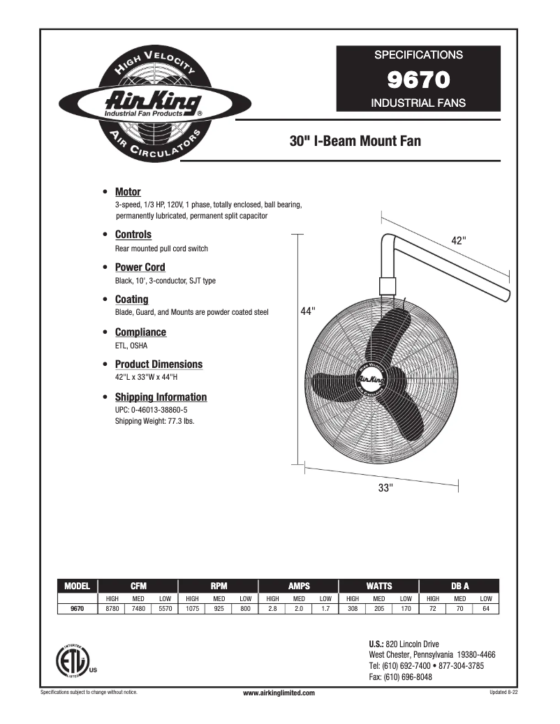Page n°1 - Fiche technique Air King 9670